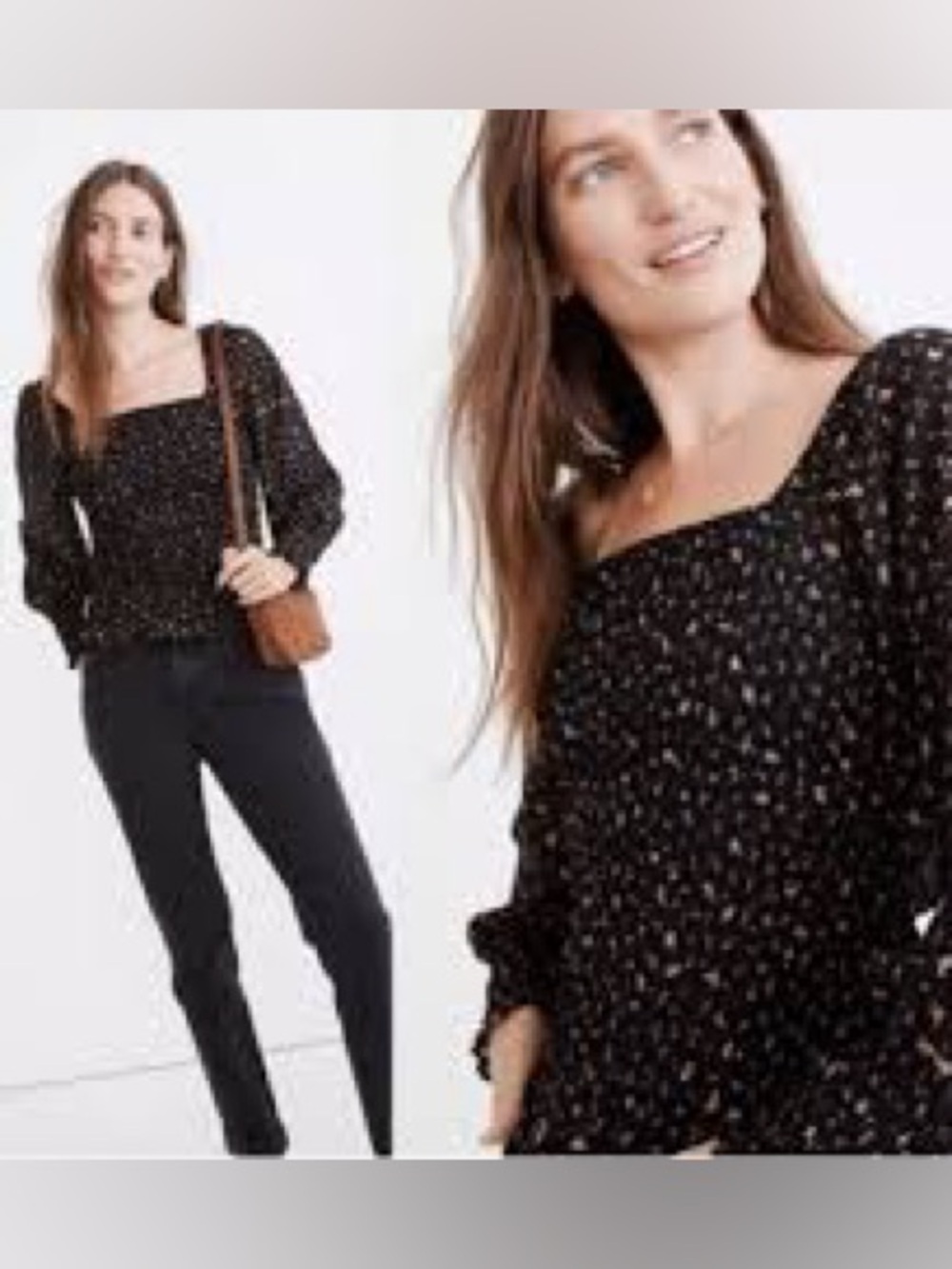 Madewell Georgette Lucie Bubble Sleeve Smocked Top Black Floral VGUC size Medium